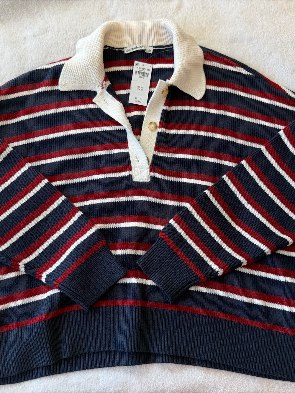 Abercrombie & Fitch Navy, Red & White Striped V-Neck Rugby Sweater